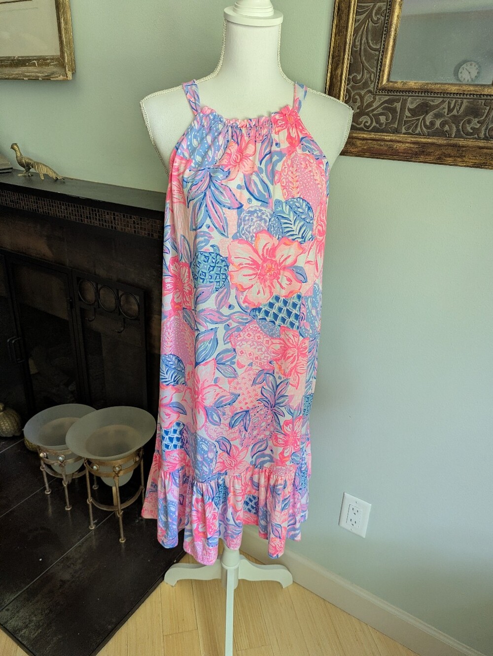 Lilly Pulitzer Size Medium Saira Dress Pink Isle Snappy Turtle Sleeveless Ruffle